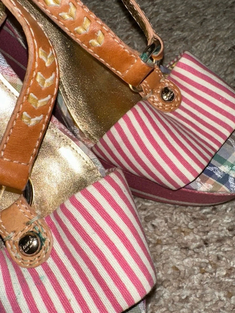 Coach white and pink striped wedge sandals